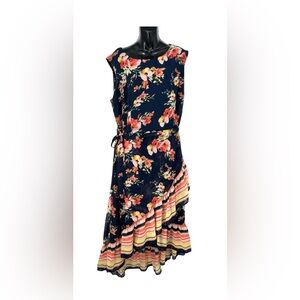 ROZ & ALI Navy Multi Floral Floral Ruffle Dress & Belt 20 NEW